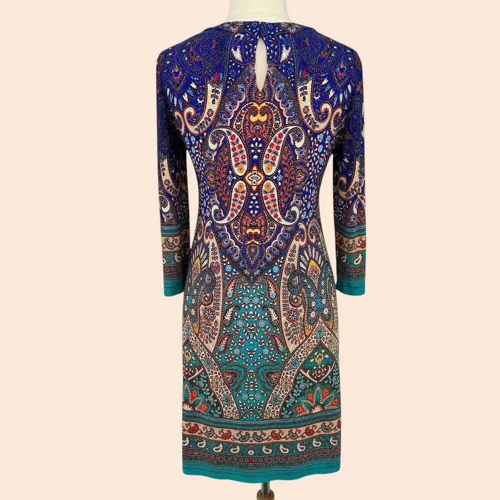Boho Paisley Beaded Neck Cocktail Sheath Dress Teal Multi Size 10